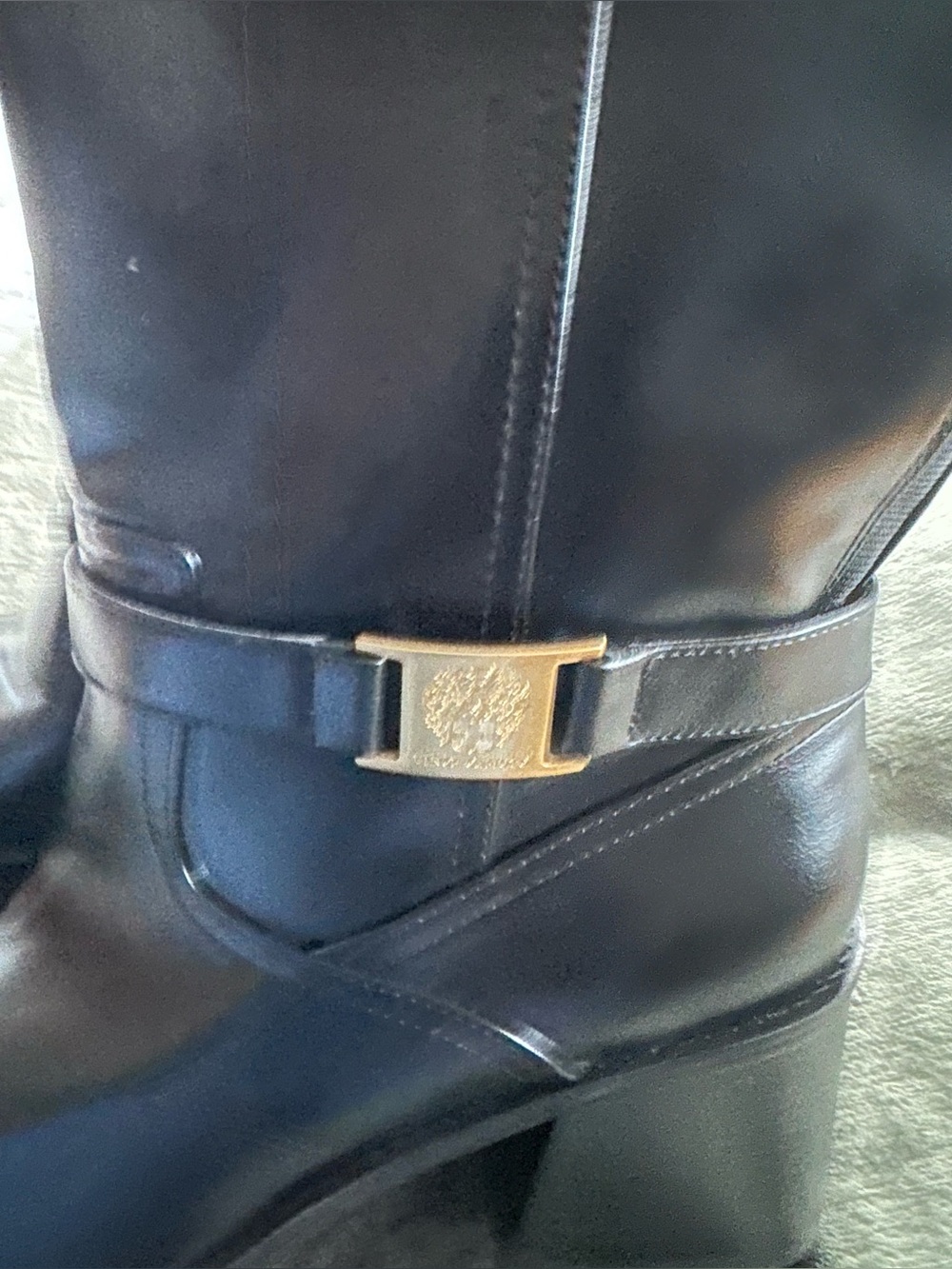 Black faux Leather Women's Heeled Riding Boots with Gold Buckle